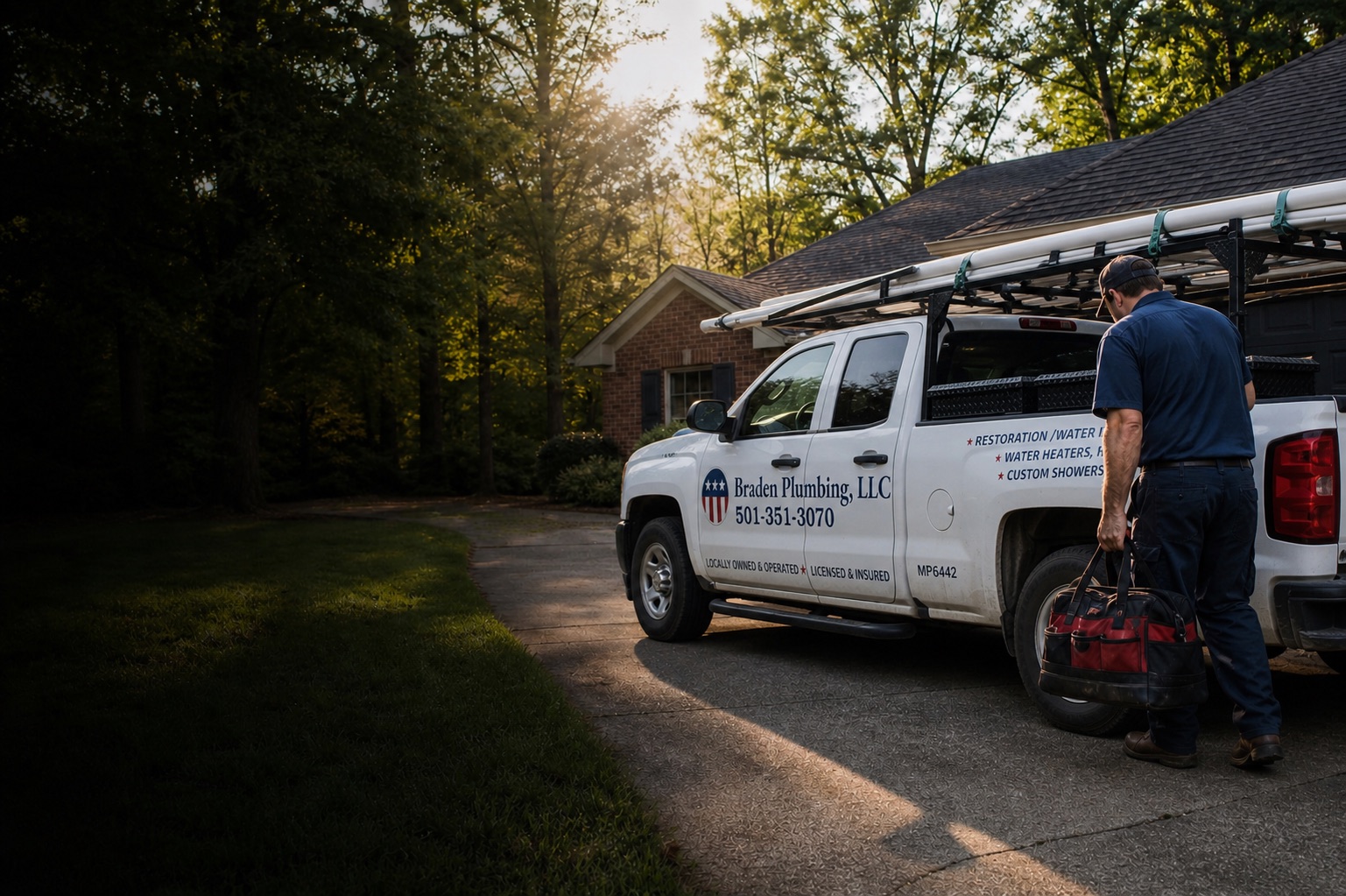 A Braden Plumbing plumber arriving at a Central Arkansas home beside the company work truck